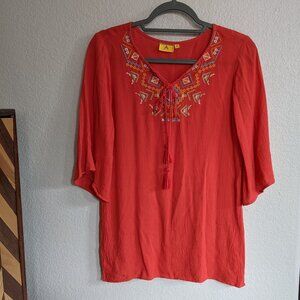Ateesa Red Orange Coral 3/4 sleeve top blouse with cross-stitch detail XS